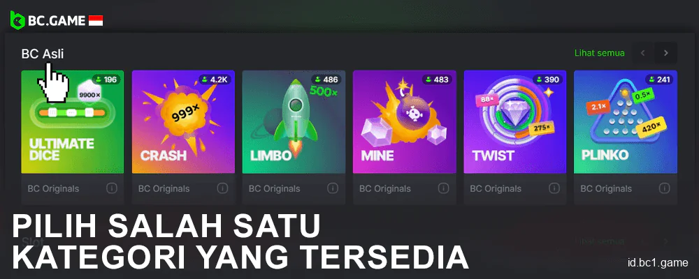 Pilih kategori permainan di BC.Game Indonesia