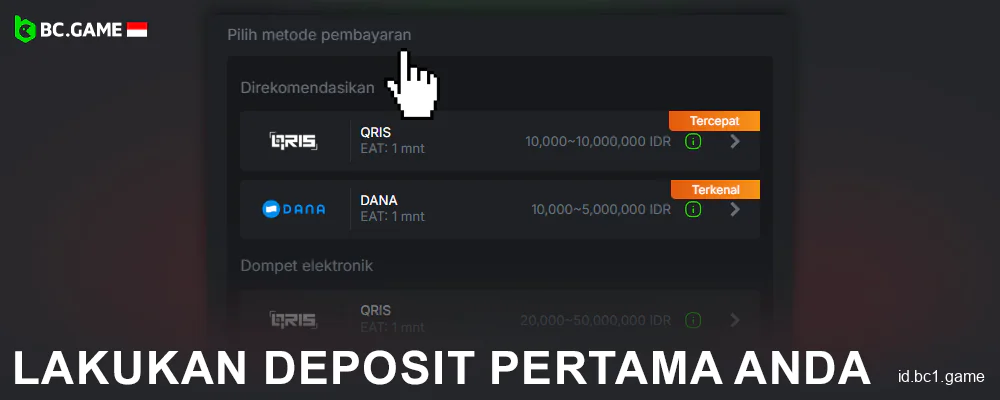 Pilih metode pembayaran di BC.Game Indonesia