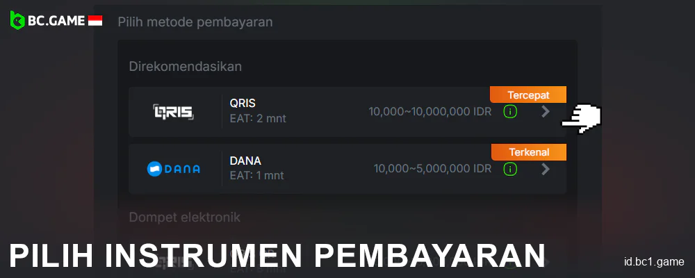 Pilih sistem pembayaran untuk deposit di BC.Game Indonesia