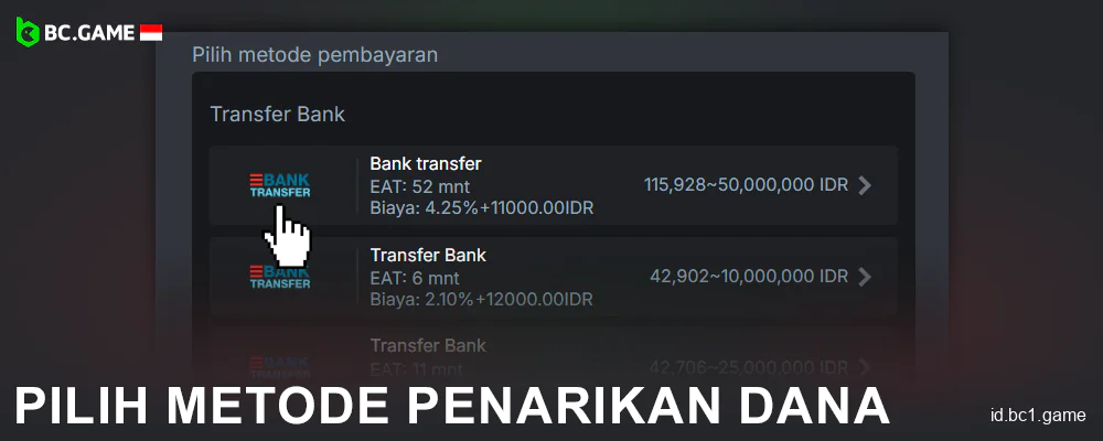 Pilih sistem pembayaran untuk penarikan di BC.Game Indonesia