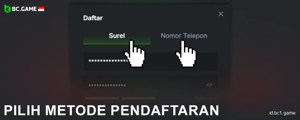 Pilih opsi pendaftaran BC.Game Indonesia
